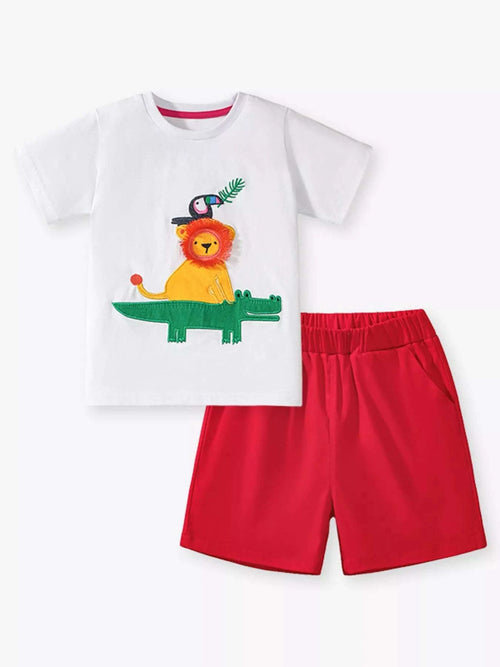 Kids white round-neck graphic T-shirt with lion dinosaur print, paired with red shorts