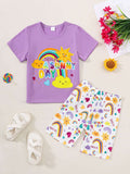 Kids purple short sleeve tee and white rainbow print shorts set