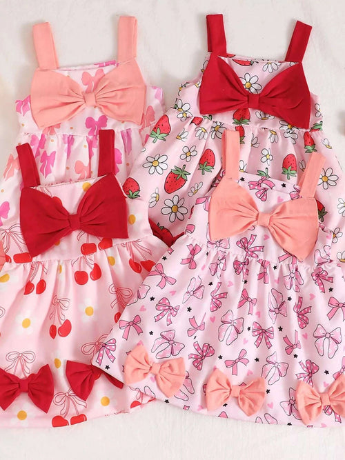 Children's bow-front printed dress in pink and red, bow front and sleeveless straps