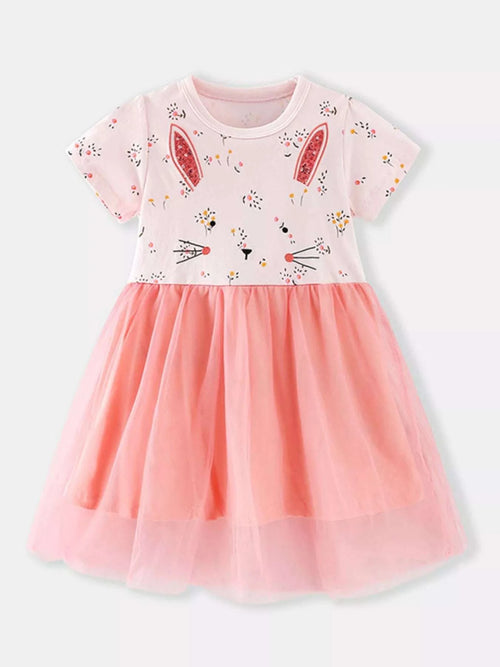 Girls' bunny floral tulle dress in pink, short sleeves and layered skirt