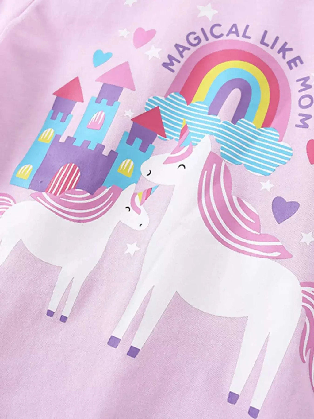 Pink kids unicorn graphic T-shirt with rainbow, castles, and heart details