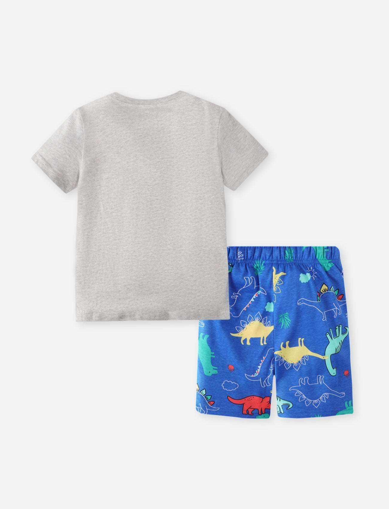 Children's tee and shorts set with gray tee and blue dinosaur print shorts
