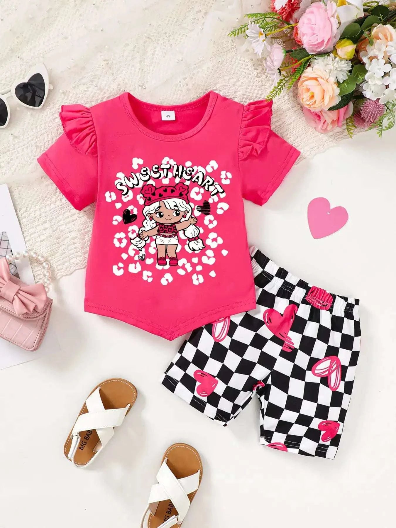 Kids rose ruffled tee and checkerboard heart shorts set, full outfit view
