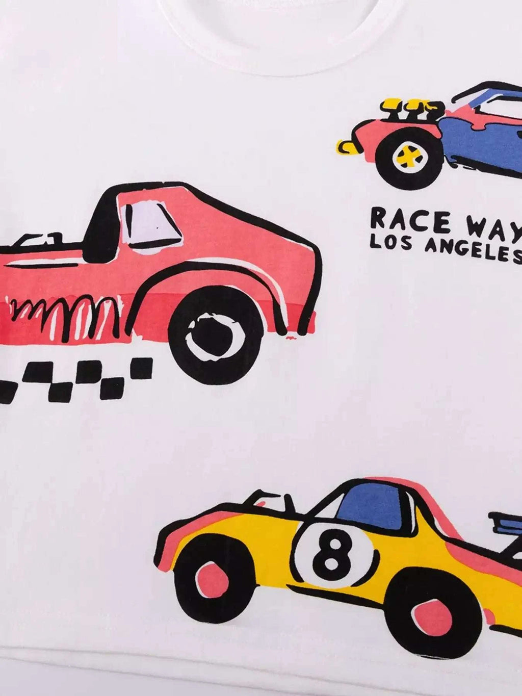 Kids white T-shirt with colorful racing car graphic on the front