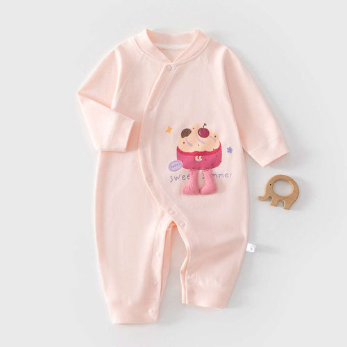 Pink baby cotton long-sleeve footed jumpsuit, front snap, cute cupcake bunny graphic