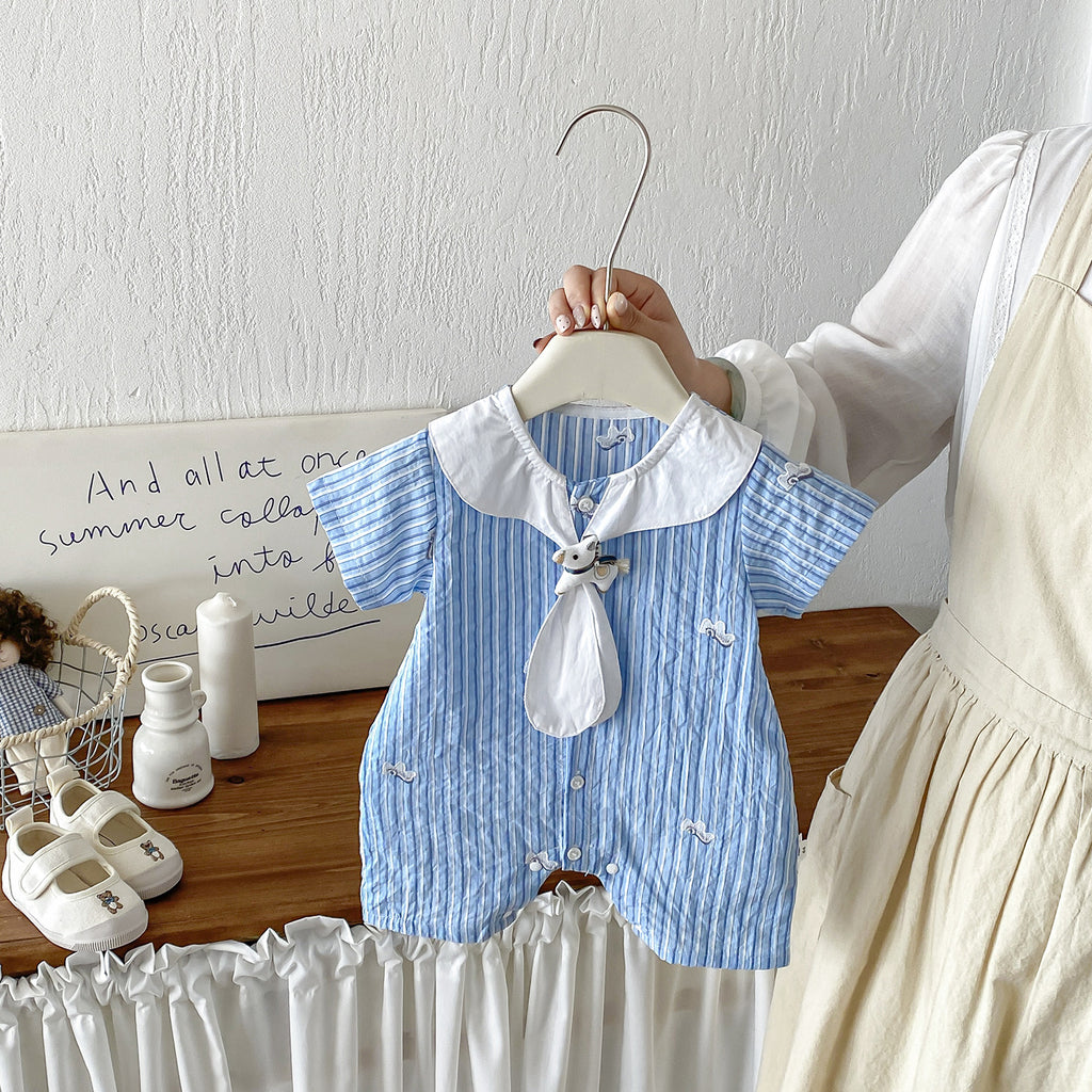 Cute Cartoon Embroidered Stripe Turn-Down Collar Short Sleeve Romper Baby Casual One-Piece