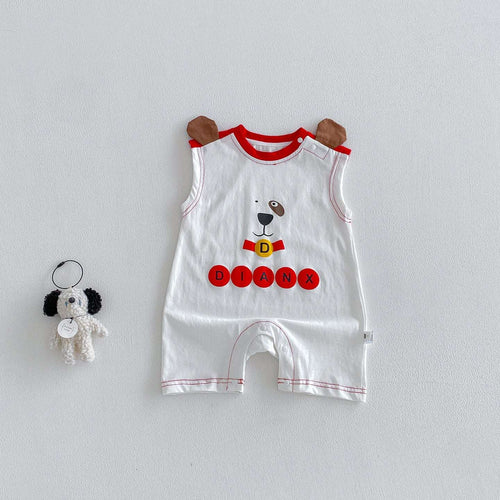 White sleeveless baby romper with red collar trim, brown ear accents, dog logo print