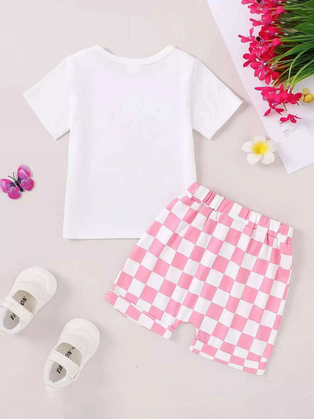 Kids white tee and pink checkered shorts set with elastic waistband