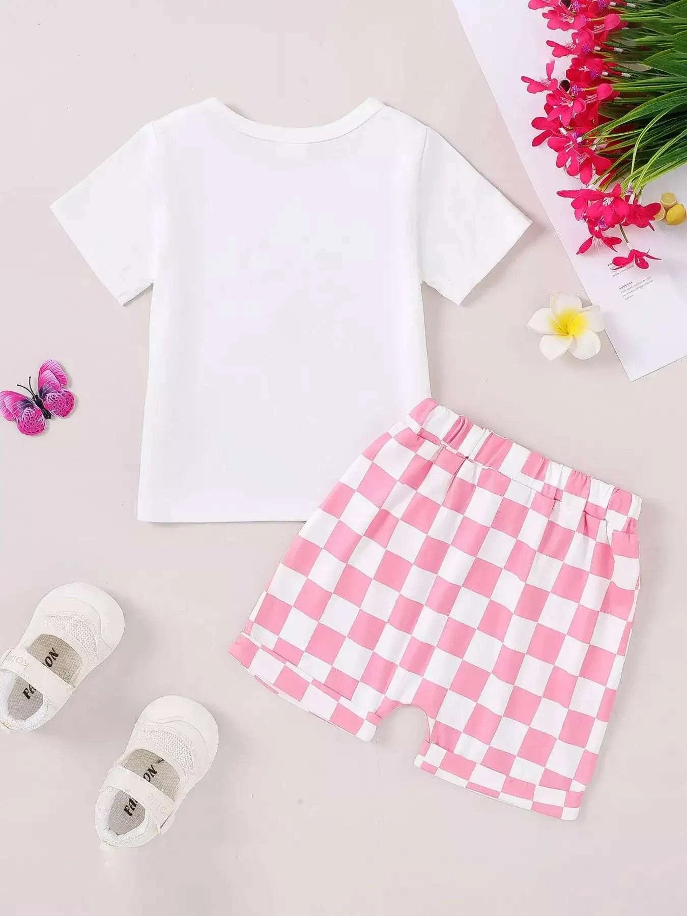 Kids white tee and pink checkered shorts set with elastic waistband