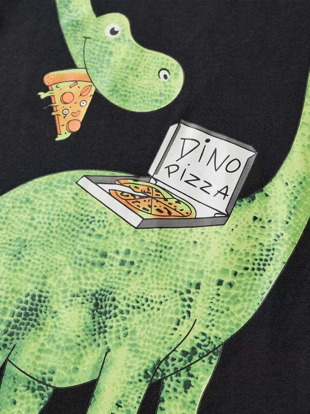 Black dino pizza graphic tee featuring dinosaur and pizza slice front print