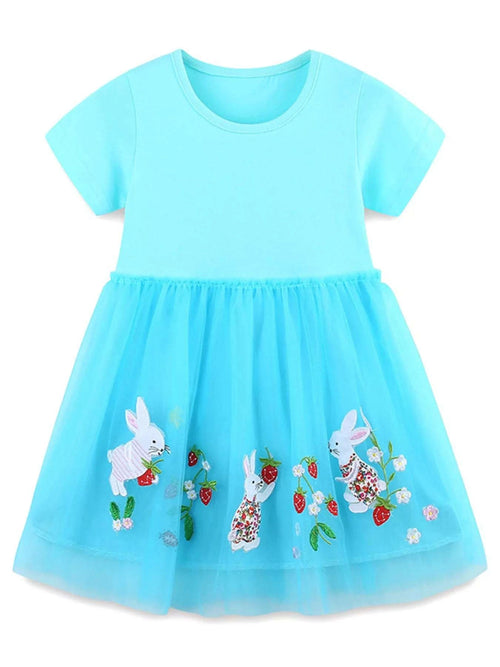 Aqua children's dress with short sleeves, tulle skirt, and bunny embroidery