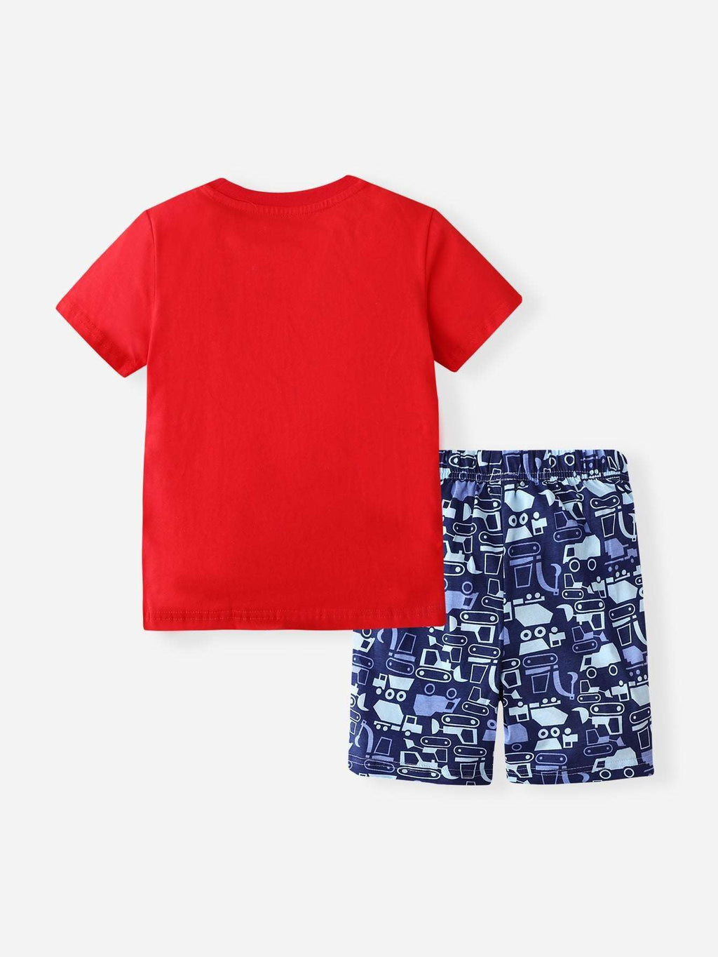 Red plain back short-sleeve tee with blue patterned shorts set