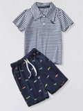 Children's striped polo shirt and dinosaur-print shorts set, navy and white