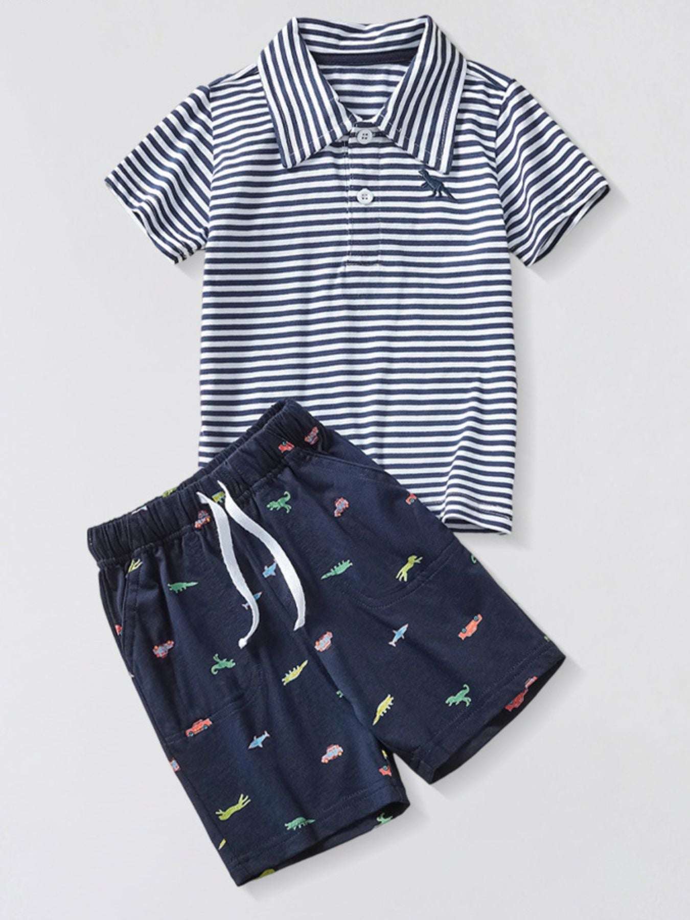Children's striped polo shirt and dinosaur-print shorts set, navy and white