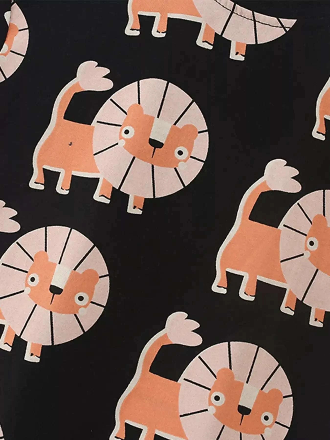 Kids lion print tee and shorts set, black with orange lion faces