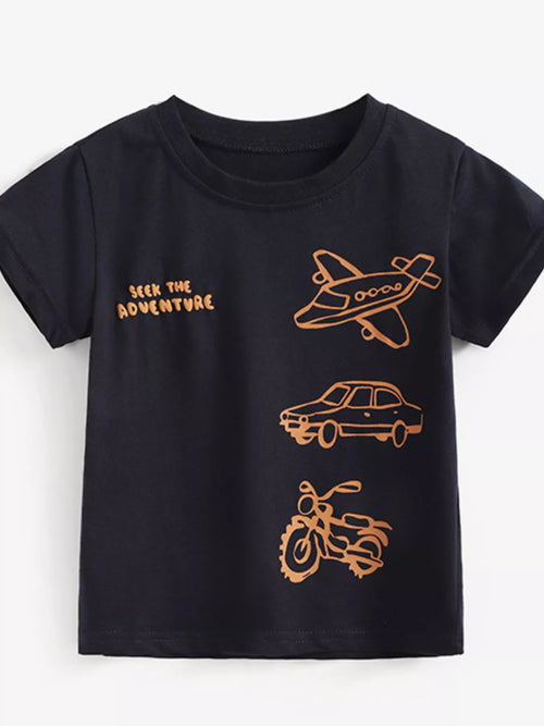 Kids' black transport graphic T-shirt, front view with vehicle prints and text