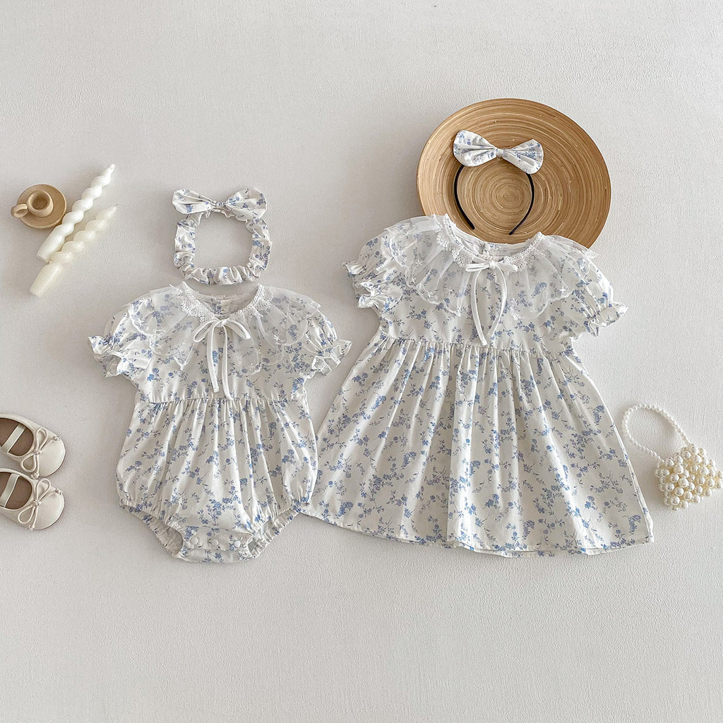 Cute Baby Short Sleeve Triangular Romper with Lace Collar Princess Dress Fashion Twin Set