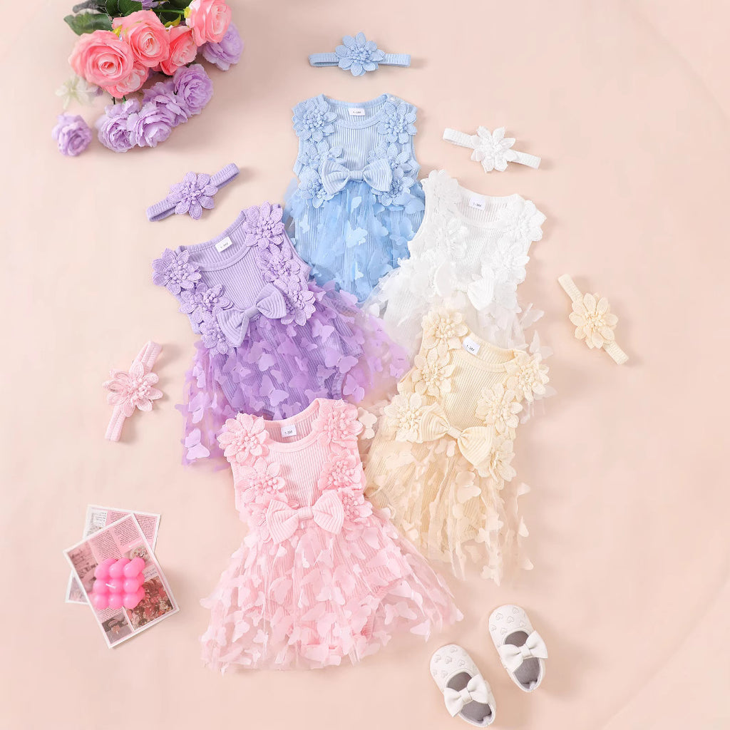 Cotton Baby Romper with Stripes and Butterfly Design, Sleeveless One-Piece Outfit with Headband for Girls, Summer Casual Wear