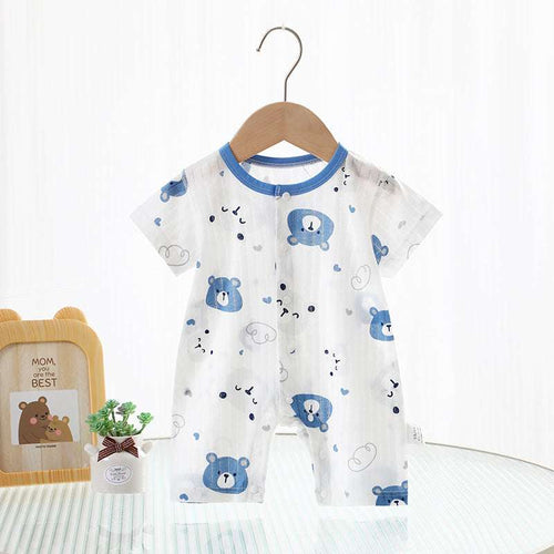 White baby short-sleeve jumpsuit with blue animal print and round neckline trim