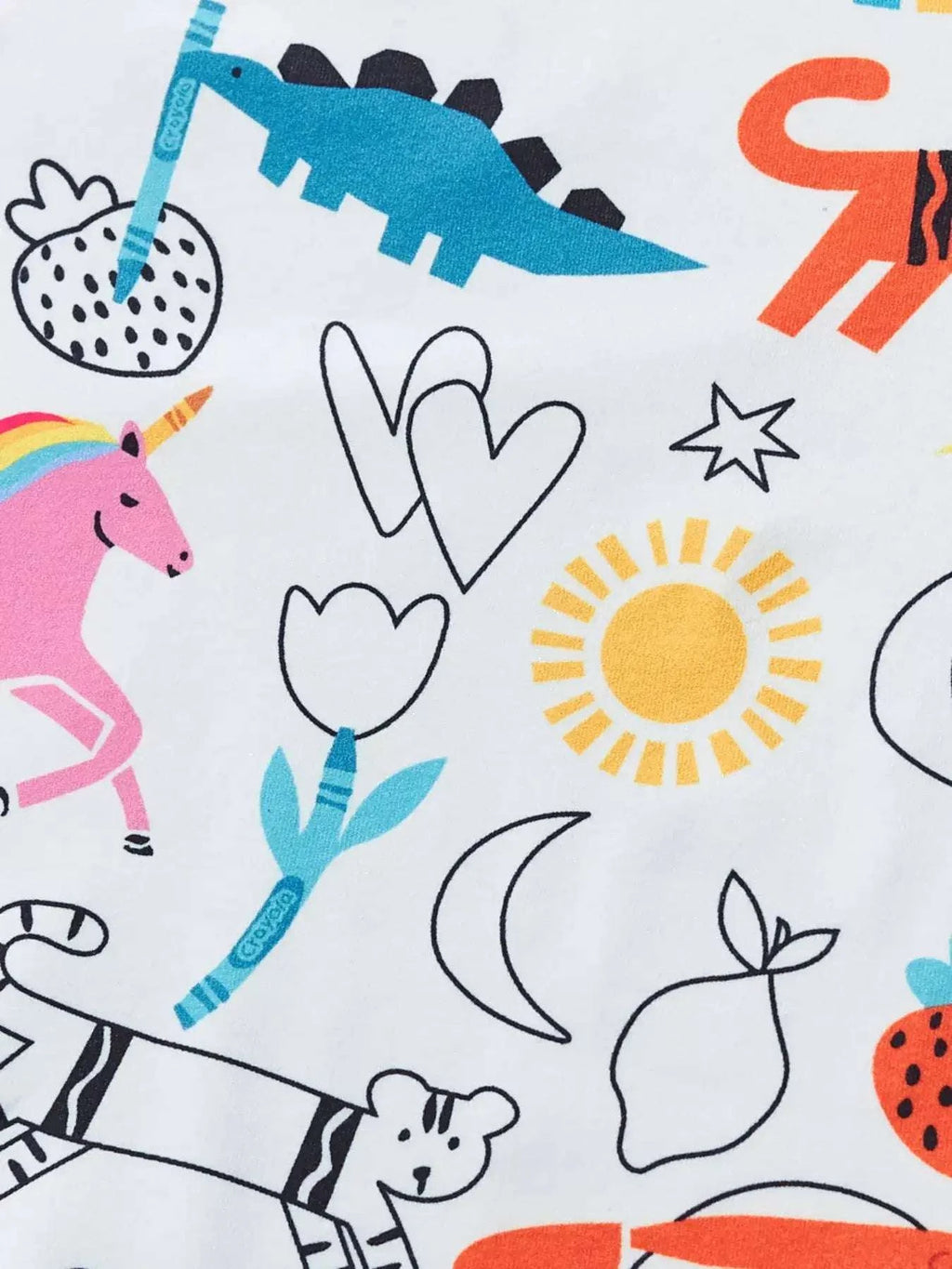 Kids cartoon print fabric close-up with unicorns, rainbows, hearts on white