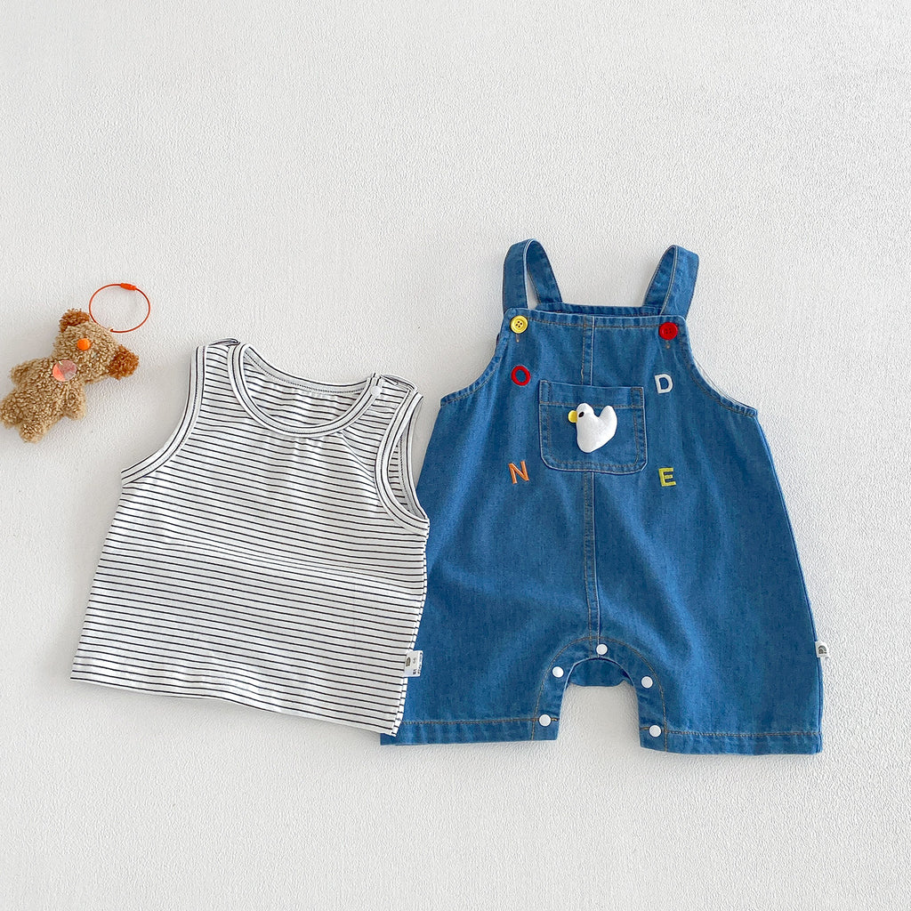 Summer New Baby 3D Cartoon Overalls Set, Baby Striped Vest Bodysuit Two-Piece Set