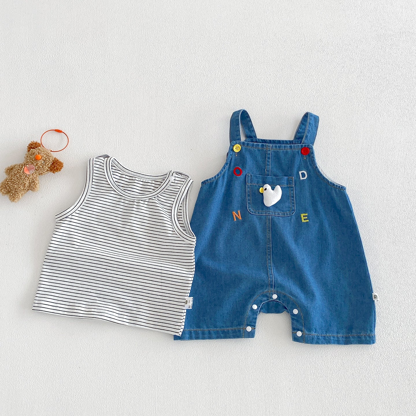 Summer New Baby 3D Cartoon Overalls Set, Baby Striped Vest Bodysuit Two-Piece Set