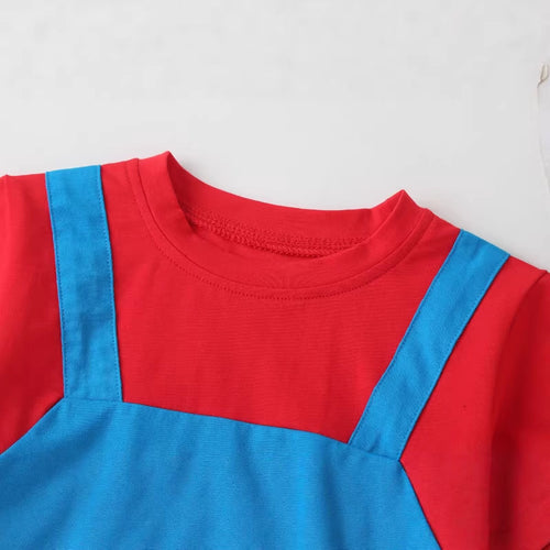 Red and blue cotton baby romper with round neck and blue suspender straps