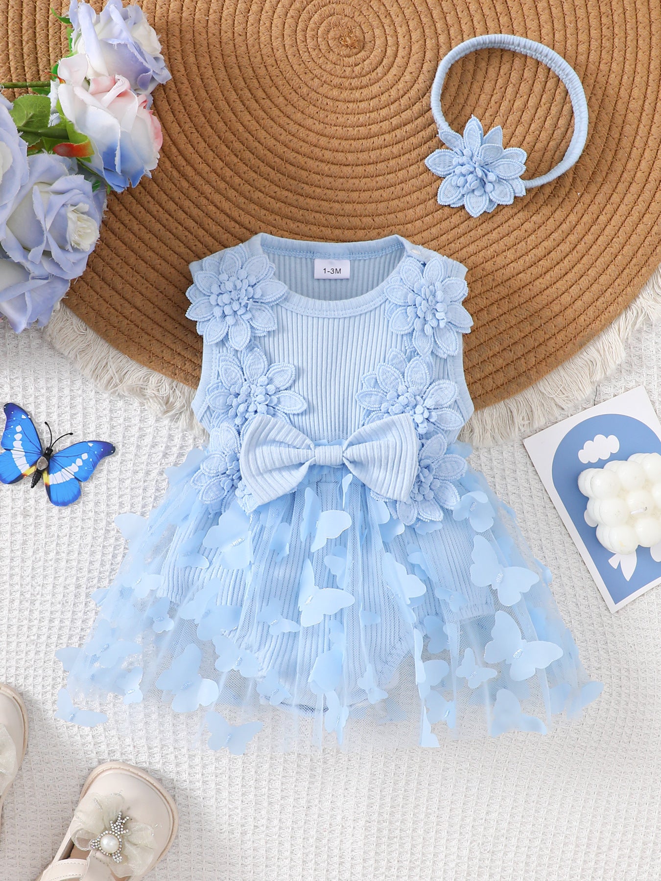 Cotton Baby Romper with Stripes and Butterfly Design, Sleeveless One-Piece Outfit with Headband for Girls, Summer Casual Wear