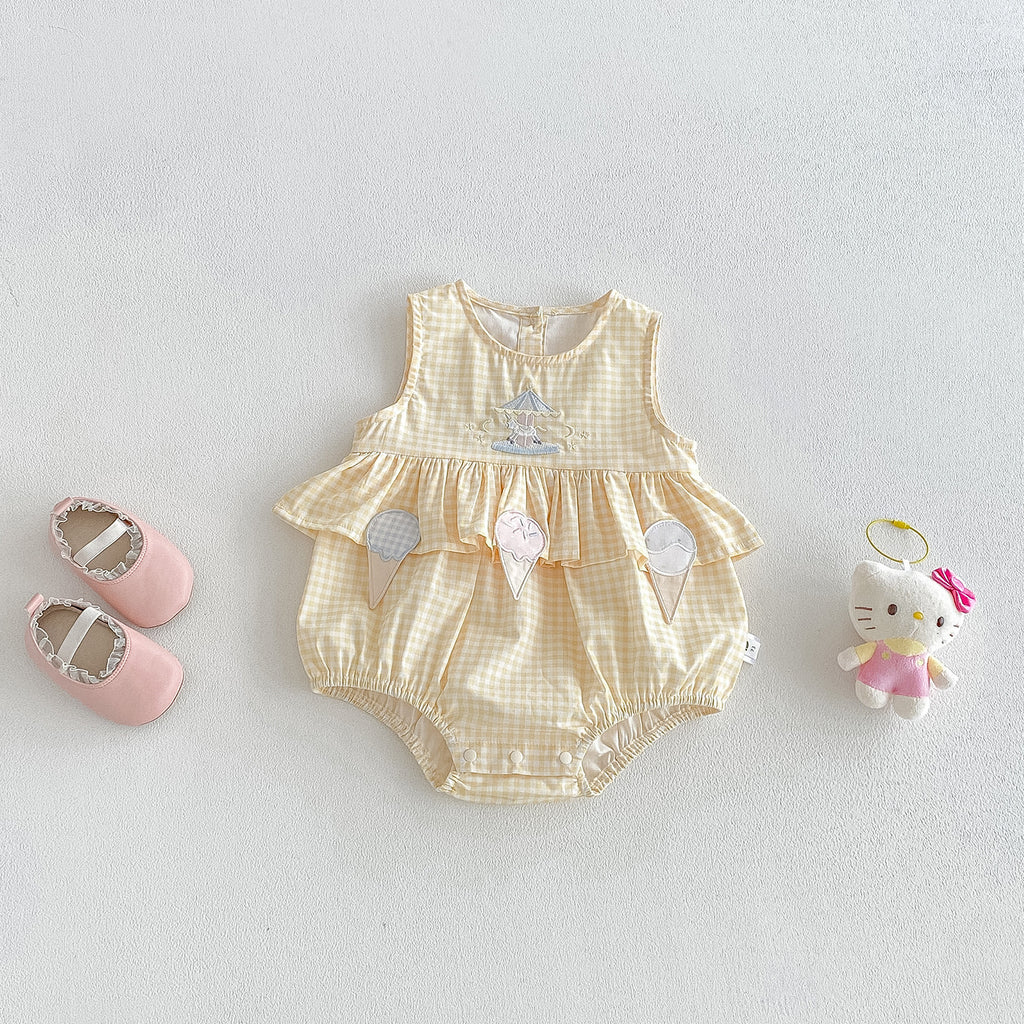 Cute Cartoon Checkered Sleeveless Romper for Baby GirlsFashionable Breathable Onesie