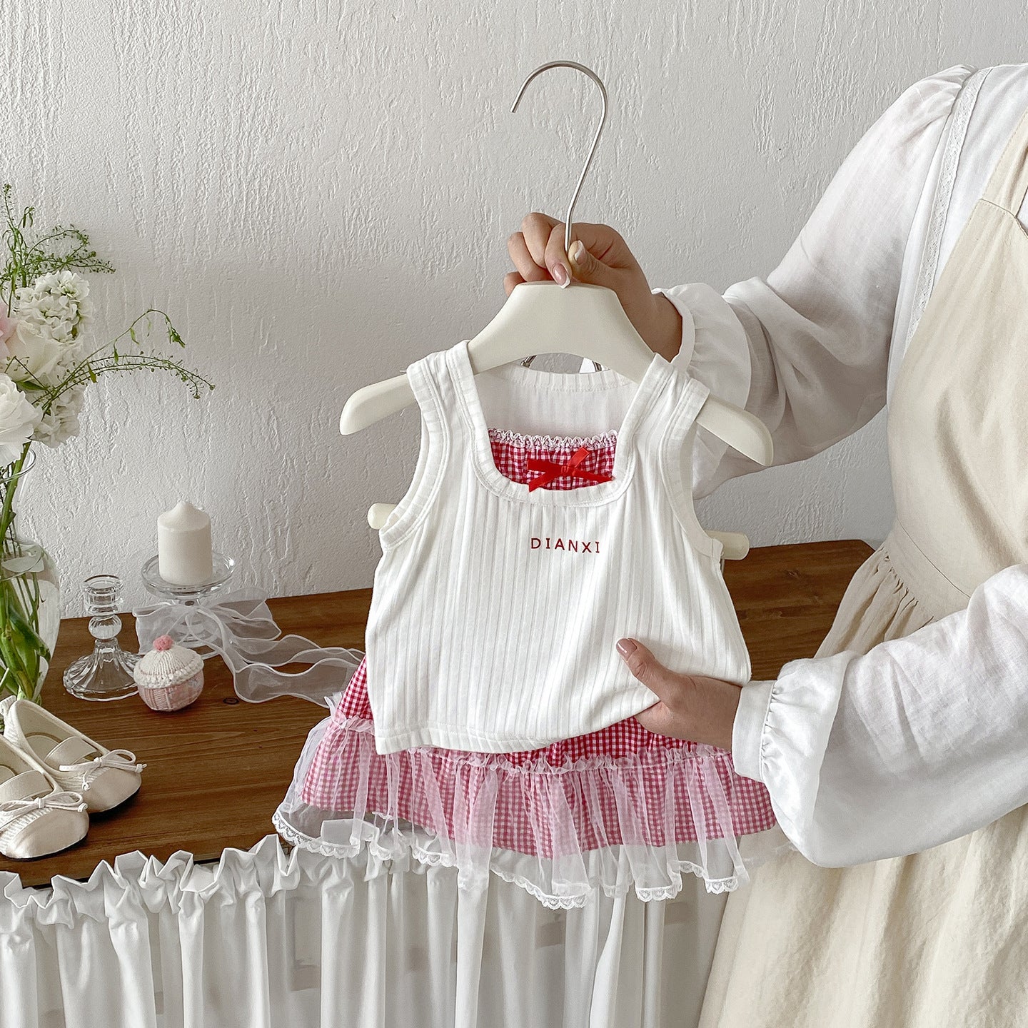 Cute Baby Girl Summer Casual Knit Vest with Cool Mesh Checkered Skirt Stylish Two-Piece Set