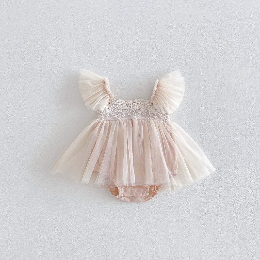 Baby Summer Lace Trim Flutter Sleeve Bodysuit Dress, Girl Baby Full Moon First Birthday Princess Dress, Tulle Dress