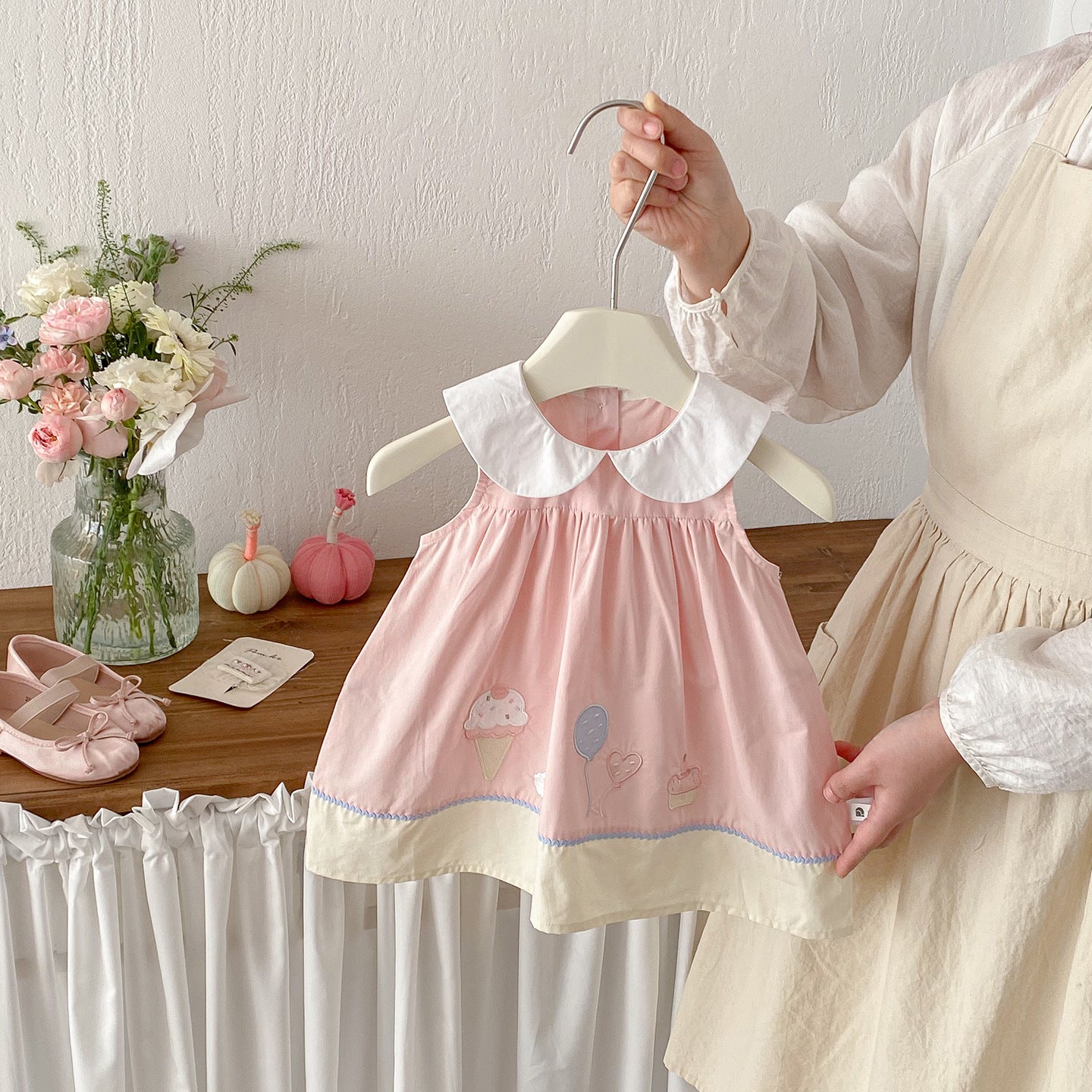 Summer New Style Baby Sweet Cartoon Cotton Backless Dress, Baby Charming Peter Pan Collar Dress