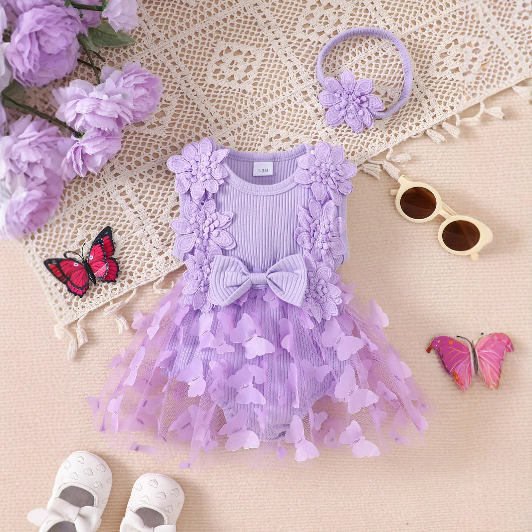 Cotton Baby Romper with Stripes and Butterfly Design, Sleeveless One-Piece Outfit with Headband for Girls, Summer Casual Wear