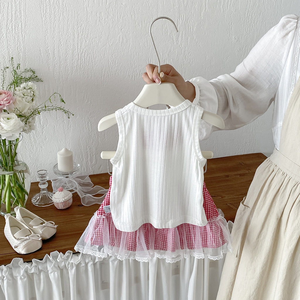 Cute Baby Girl Summer Casual Knit Vest with Cool Mesh Checkered Skirt Stylish Two-Piece Set