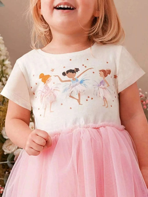 Dusty pink children’s ballerina graphic tulle dress with short sleeves and tutu skirt