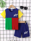 Children's color block round-neck tee and shorts set, blue with yellow, green, red panels