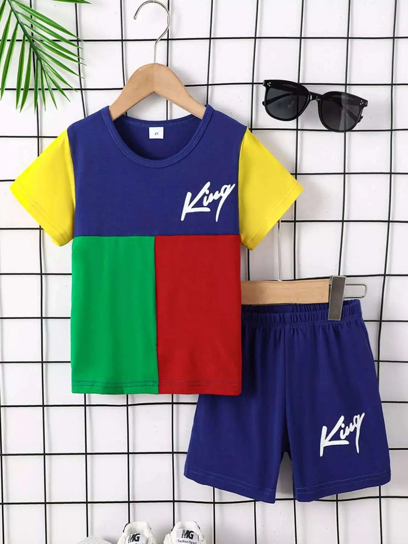 Children's color block round-neck tee and shorts set, blue with yellow, green, red panels