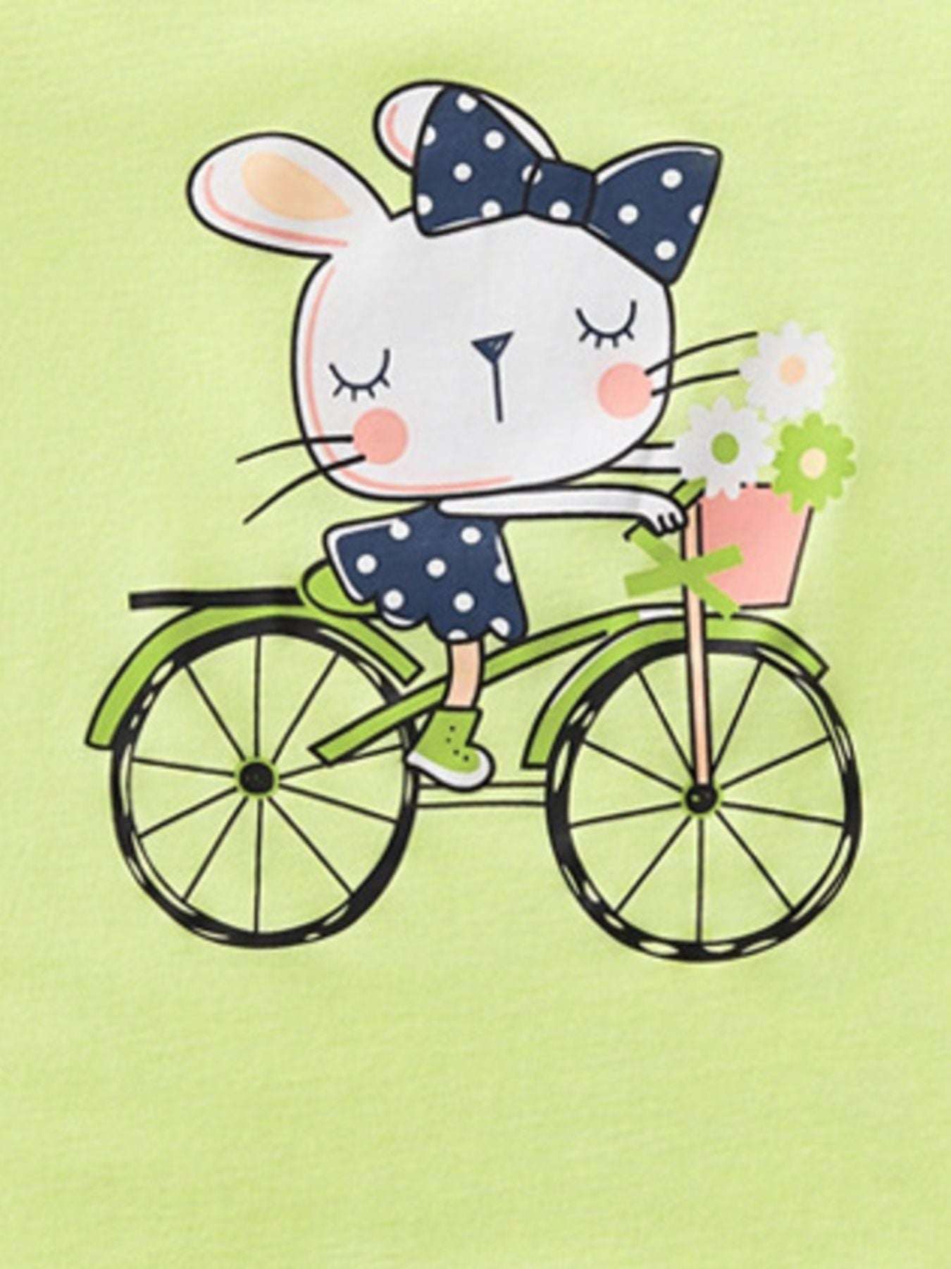 Lime green kids T-shirt graphic of bunny riding bike with flowers, front