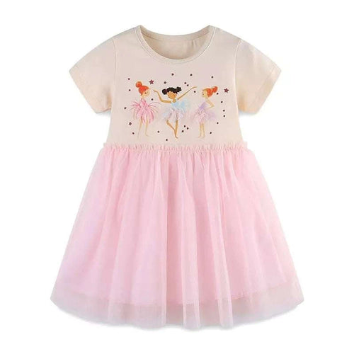 Dusty pink tulle dress with ballerina artwork, short sleeves, and gathered skirt