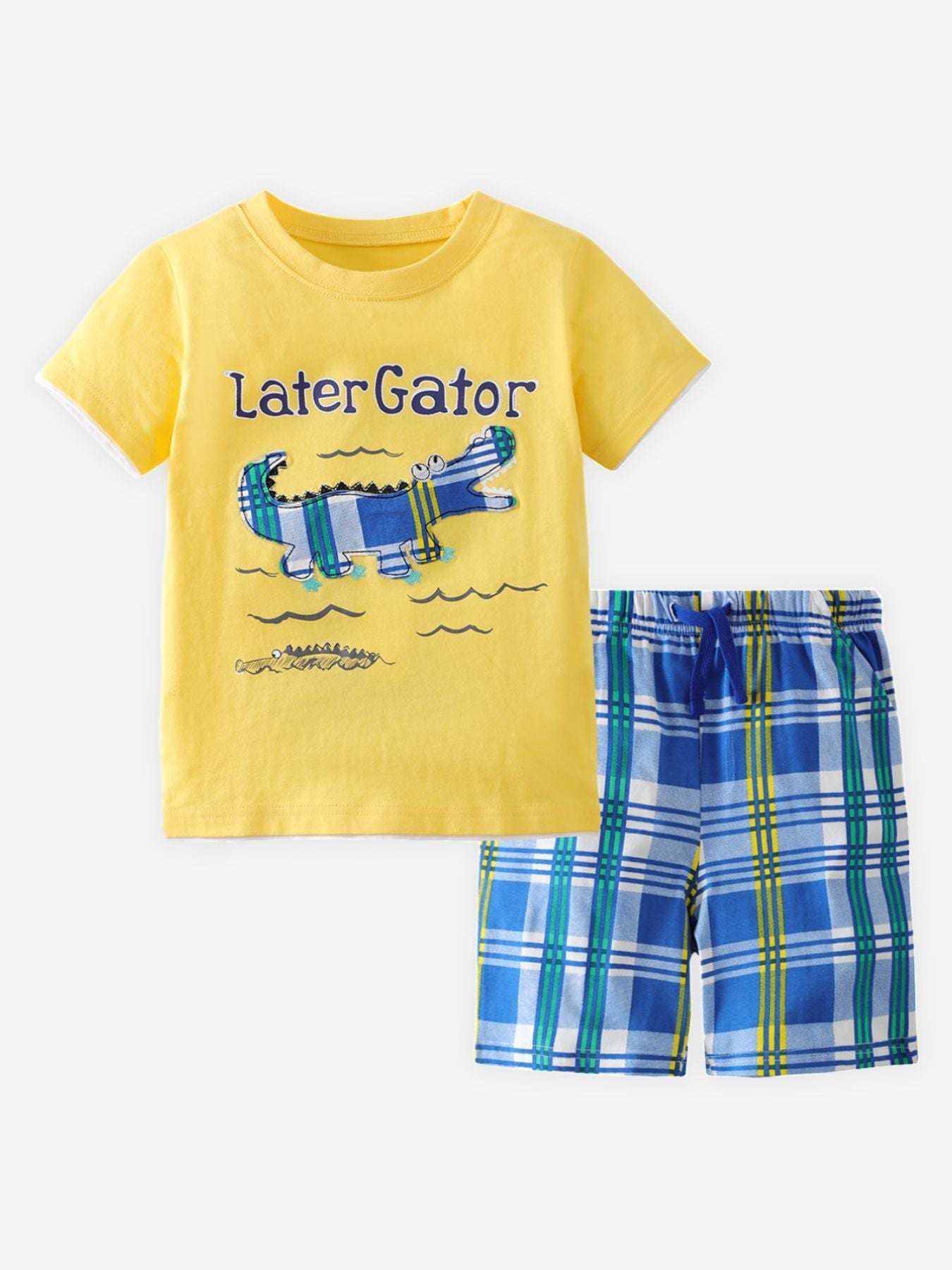 Yellow graphic short-sleeve tee and blue plaid shorts set