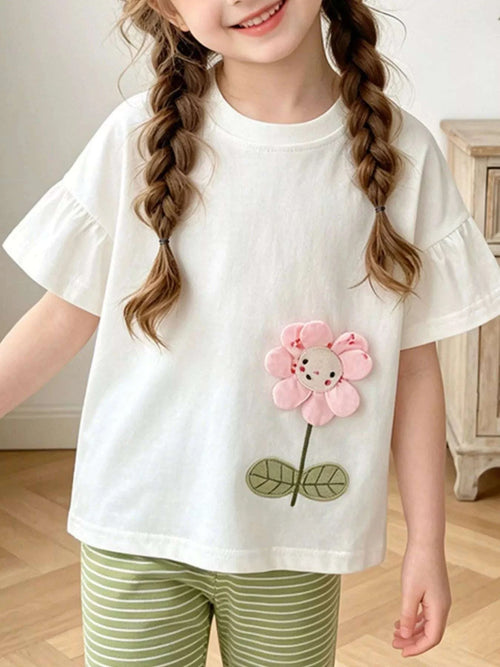 Children's white top with pink flower applique and green striped pants set