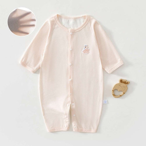 Light pink long-sleeve baby romper with front snaps and animal chest embroidery, cuff detail
