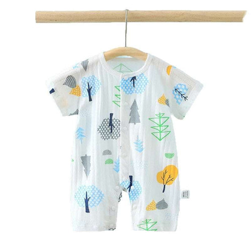 White baby short-sleeve jumpsuit with colorful tree and animal print, button front