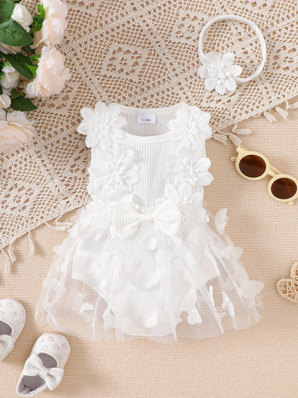 Cotton Baby Romper with Stripes and Butterfly Design, Sleeveless One-Piece Outfit with Headband for Girls, Summer Casual Wear