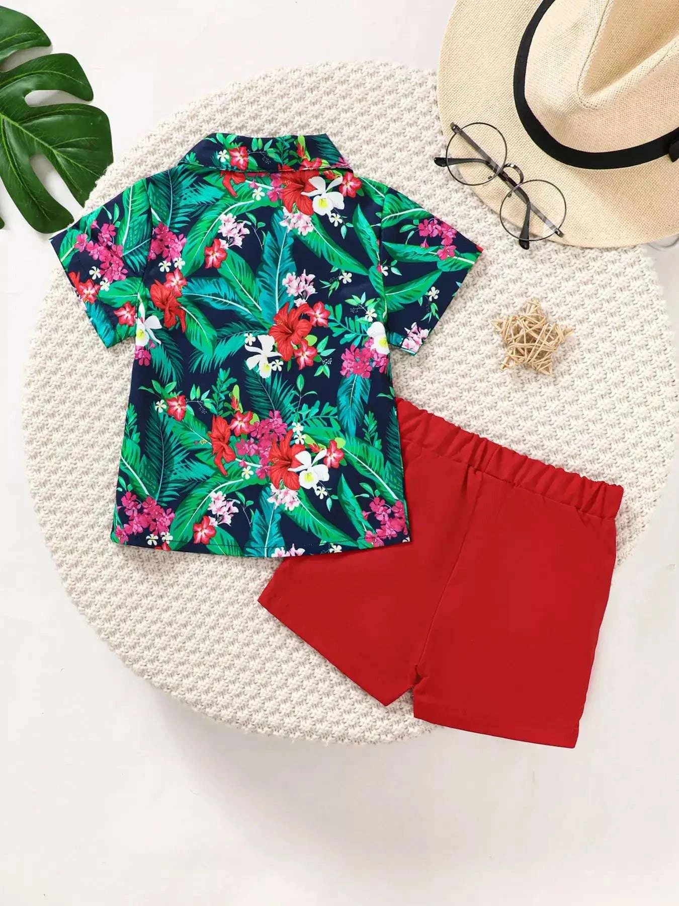 Kids tropical print shirt and red shorts set, full outfit view