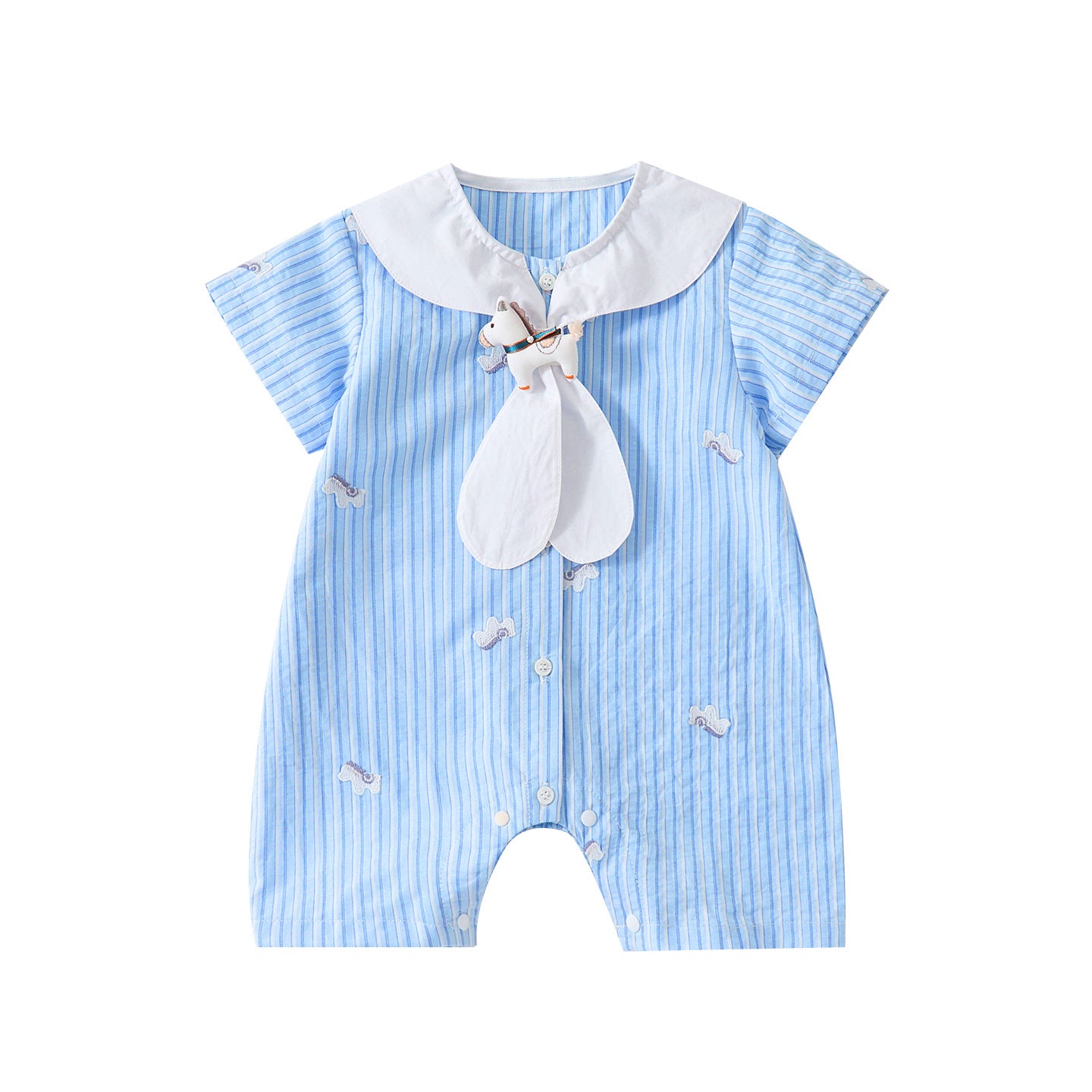 Cute Cartoon Embroidered Stripe Turn-Down Collar Short Sleeve Romper Baby Casual One-Piece