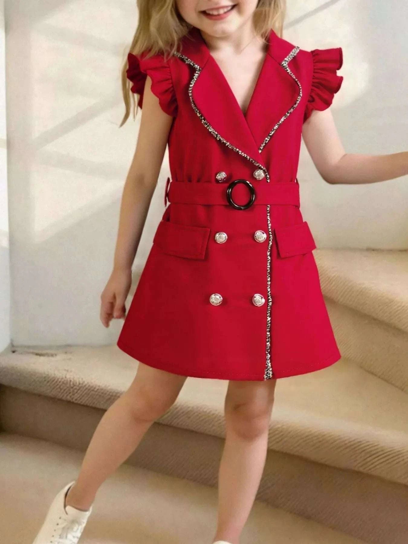 Wine red double-breasted belted dress with ruffle sleeves and decorative buttons