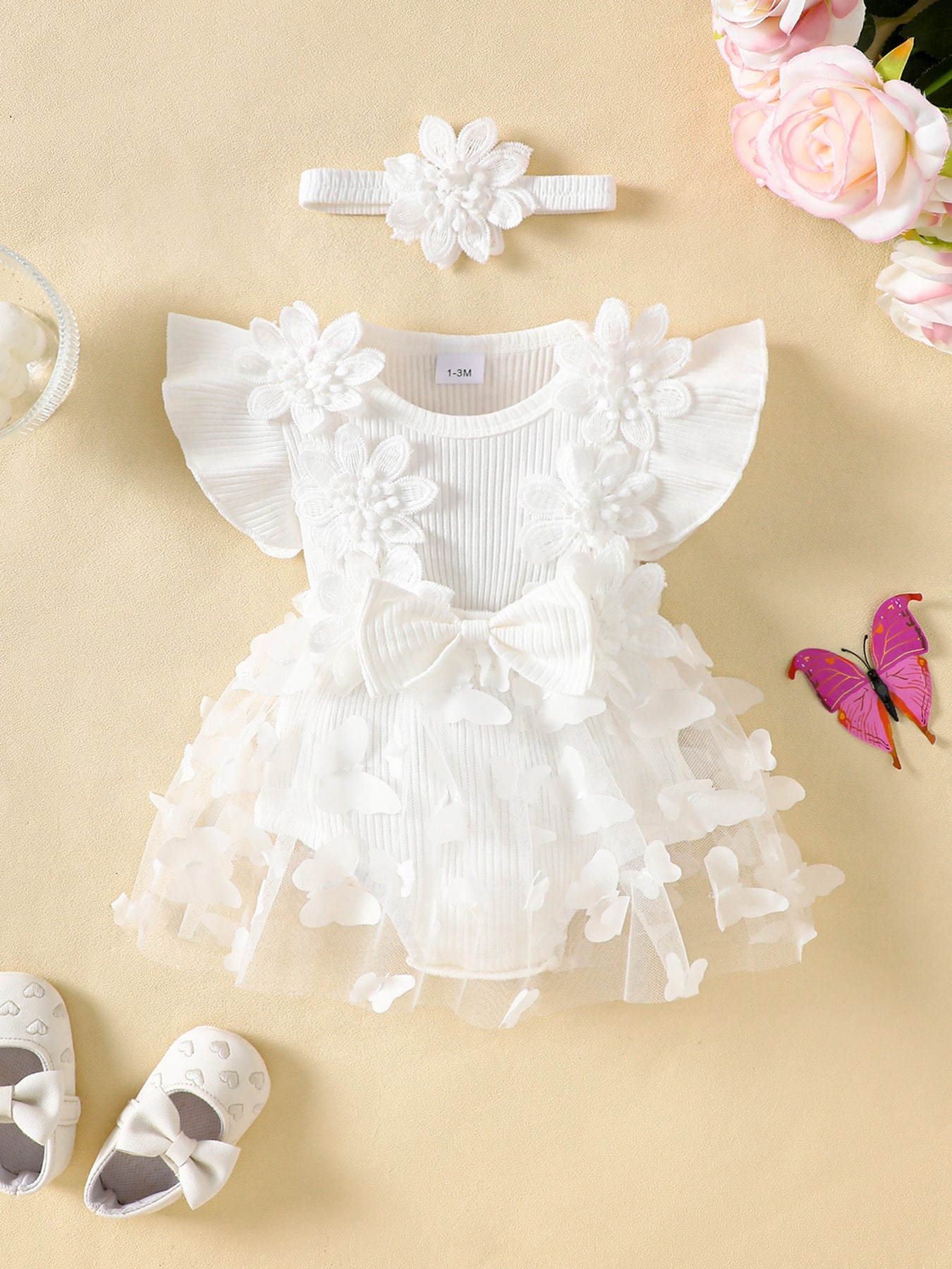 Cute Mesh Baby Romper Summer Sleeveless Ribbed Onesie with 3D Butterfly Design