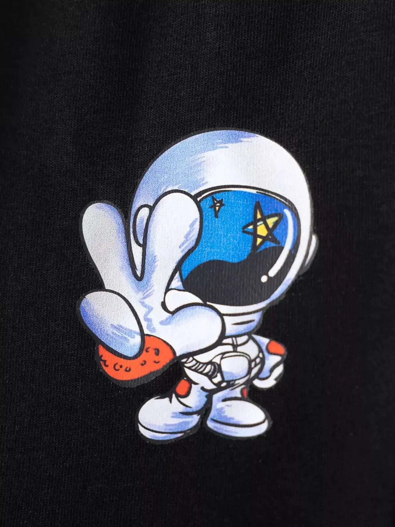 Black short-sleeve tee with astronaut character and space stars graphic