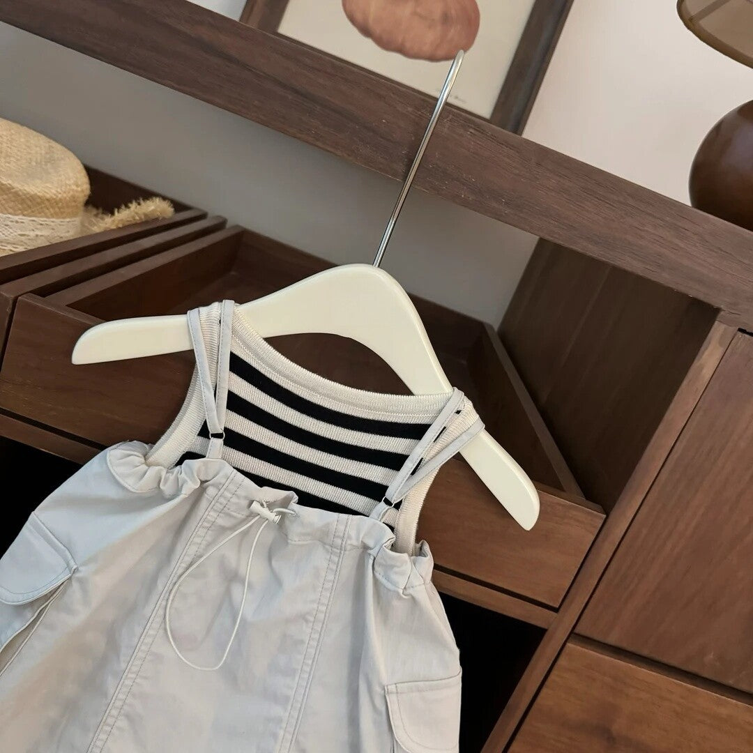 Striped Tank Top with Stylish  Cargo Overalls Dress Set for Baby Girls